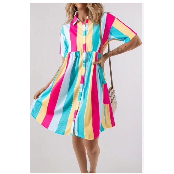 Rainbow Dresses & Skirts - Fantastic Fawn Rainbow Sherbet Stripe Baby Doll Dress Medium Boutique Shirtdress